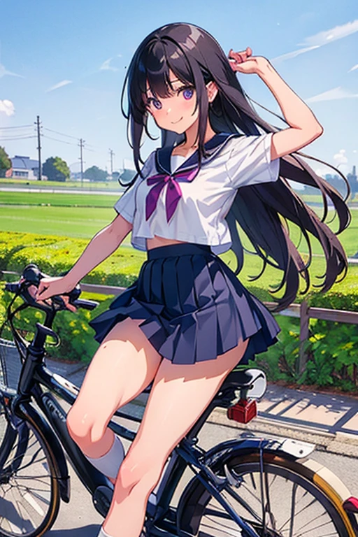 todoshizuko, purple hair, ponytail, hair ribbon, long hair, blue eyes, makeup, 15years old , large breasts, solo, nsfw, nipple,  ride a bicycle