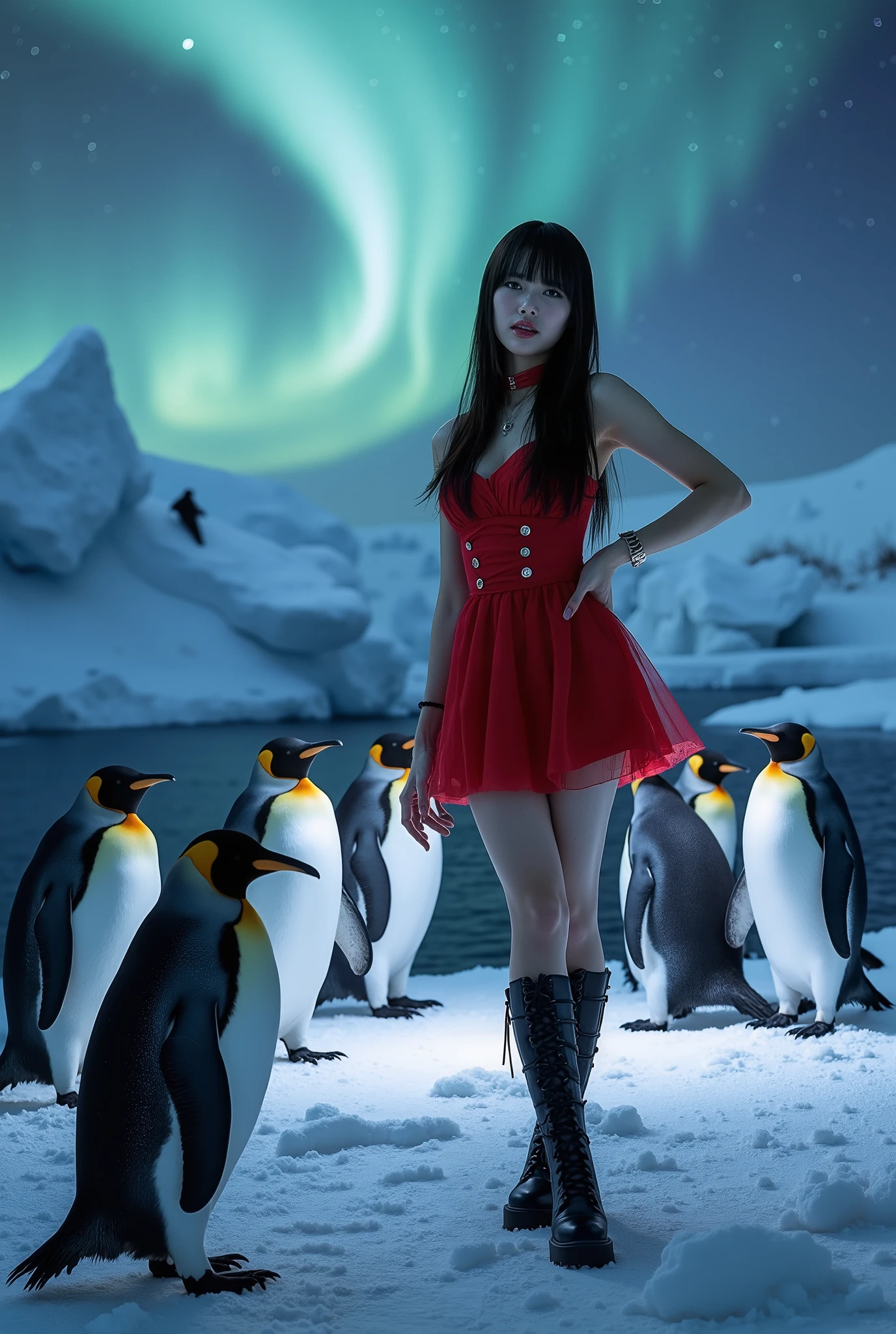 Create a hyper-realistic portrait of a beautiful Japanese female singer. She has a slender body with a small bust and thin legs, long hair styled with bangs. She is wearing a red gothic mini dress, complemented by gothic makeup. The scene includes her posing and smiling with penguins under a spotlight, set against a breathtaking background of Antarctic icebergs and the aurora. Capture the moment from a dynamic angle to enhance the visual impact.