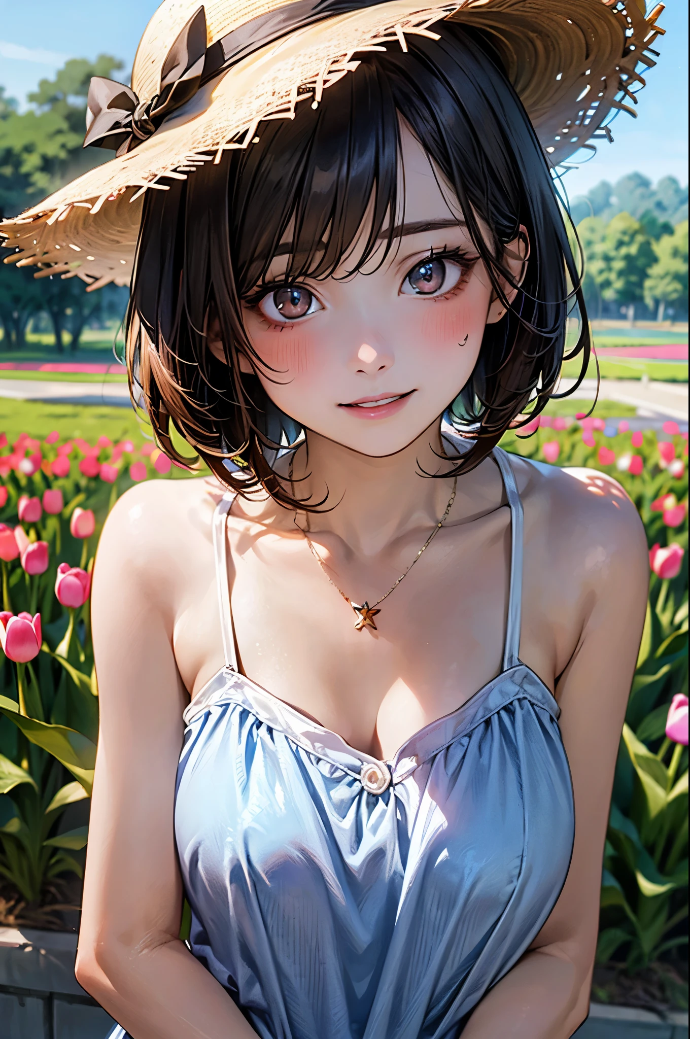 ((highest quality、masterpiece))、RAW photo、8k、highest quality、 超A high resolution、Beautiful face in every detail、realistic human skin、gentle expression、View from the front、(((When I look into the lens:1.2、close-up photo of face、smile mischievously)))、(short hair:1.5)、(small breasts:1.5)、small breasts、(((hair blowing in the wind、messy hair)))、realistic、Photoreal、cute、summer、garden、white dress、