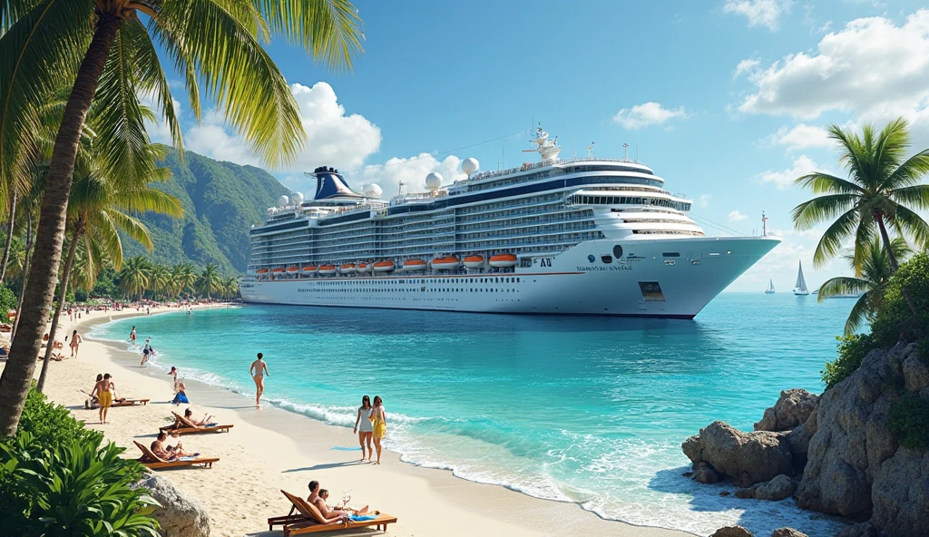 Huge cruise ships from a long distance,Little girl in bikini playing by the resort beach