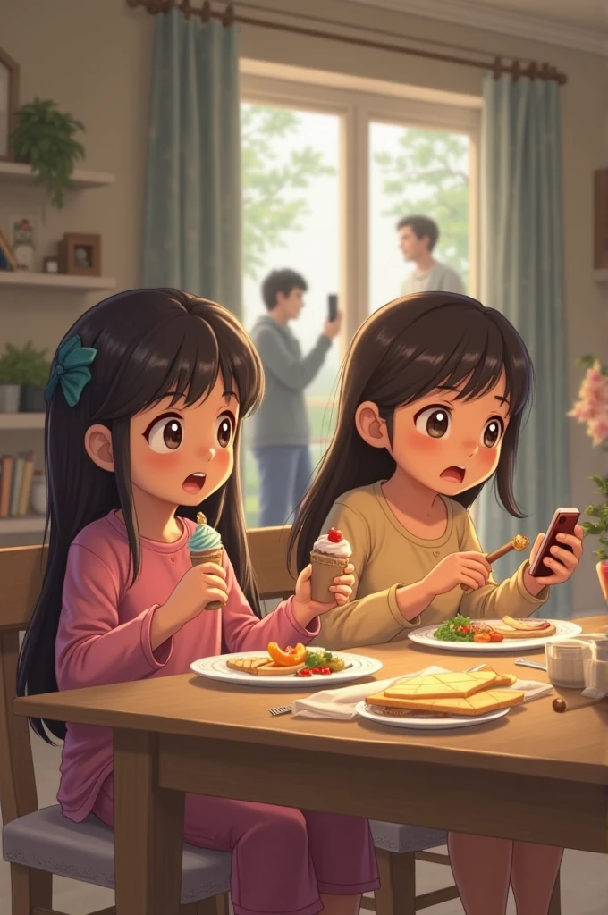 The elder sister and her younger sister are sitting at home eating. In the background, there are people coming to the house to look at the house decoration. The younger sister is and holding an ice cream in her hand. The elder sister is looking at her mobile phone.