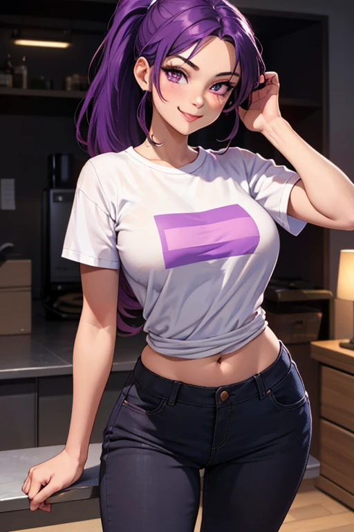 (masterpiece), (best quality), (detailed), light layer, 1solo girl, young girl, perfect body, purple hair in curls, defined large chest, small waist,defined collarbone, ultra realistic, photorealistic, detailed, ,Enhance, wearing a anime shirt and mini skirt, bedroom background, back turned, smiling