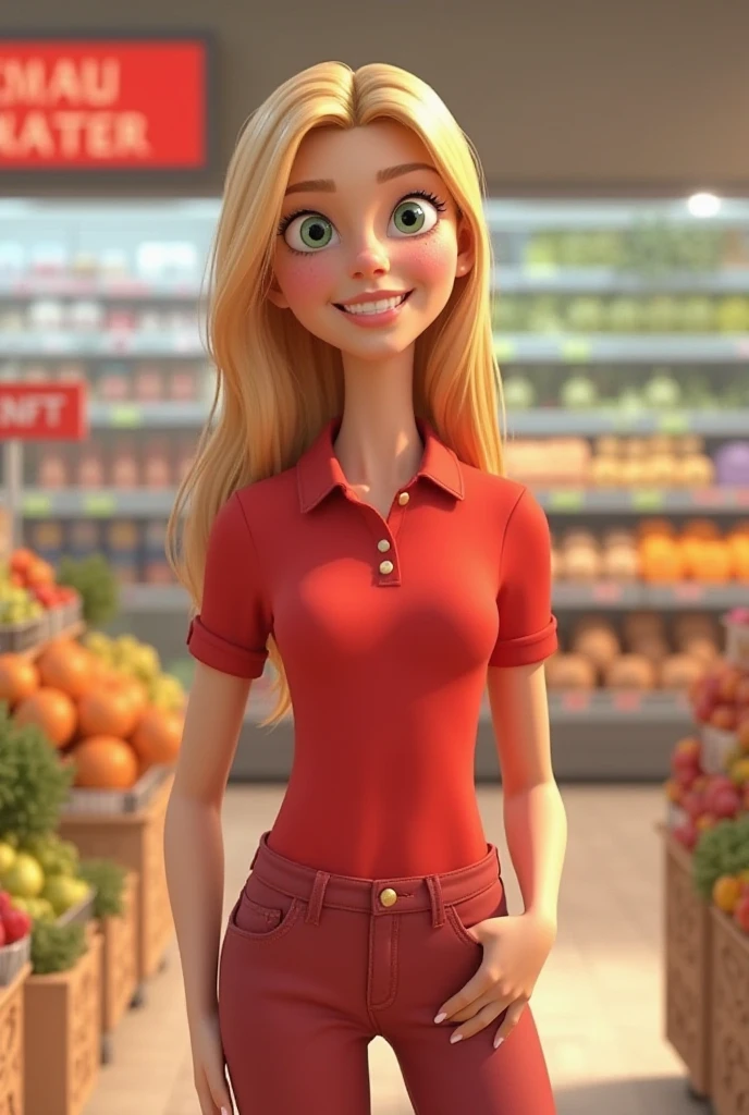 Beautiful blonde woman with green eyes in the market with fruit in the background meets a soldier.
