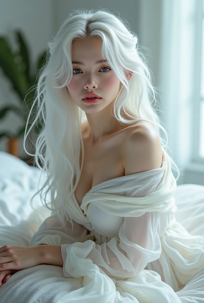 Girl with white hair，Wearing white，On the bed