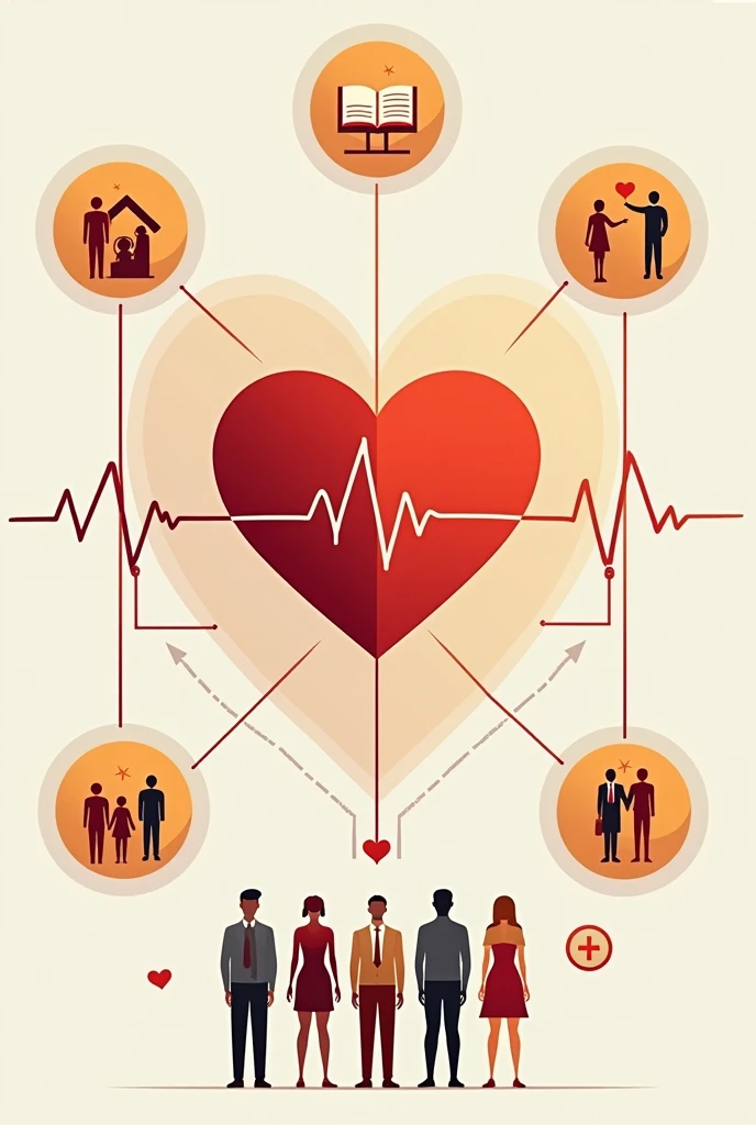 Medical care logo with hands holding a red heart with a blue lifeline in the center and below the hands a whole family hugging each other, with letters that say ''protection with warmth, Beware of commitment"