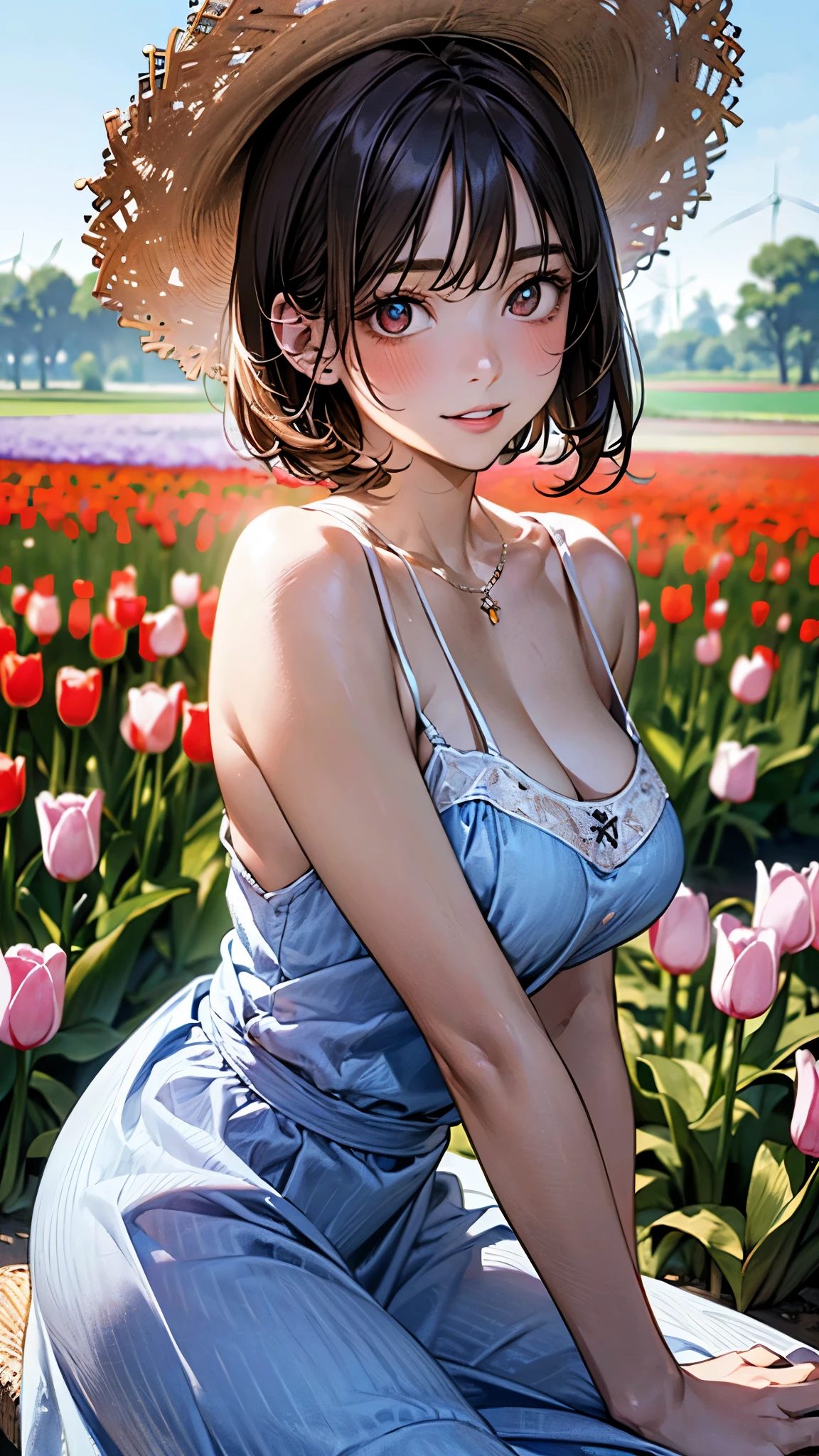 ((ultra detailed, Masterpiece, absurdities))
HGFiona, 1 girl, by rubio, Blue eyes, in a tulip field, golden hour,naked big tits, smiling