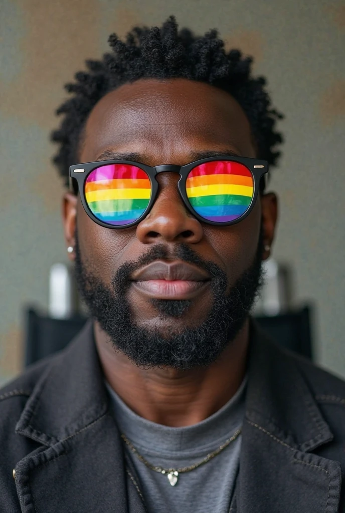 Black bald man with a beard raising the gay pride flag