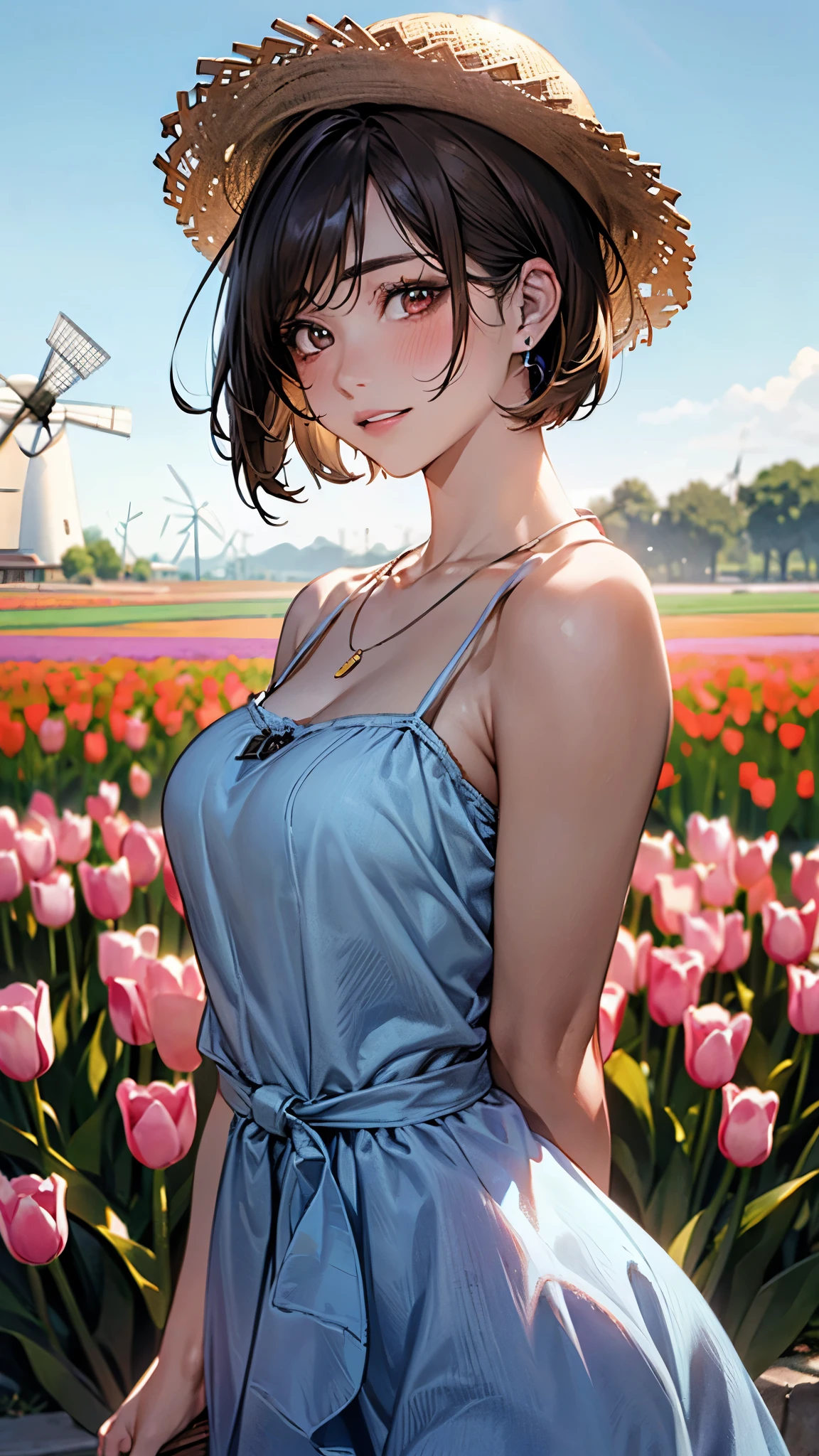 highres, masterpiece, perfect lighting, bloom, cinematic lighting, adult, female, looking at viewer, cowboy shot, <lora:edgDutchDollLikeness:1> beautiful edgND_woman,perfect edgND_face,perfect edgND_body, <lora:edgPencilDress_MINI:0.8> edgpdress, pencil dress, cleavage cutout, windmill, tulips