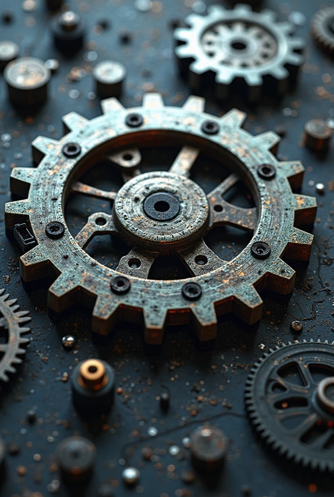 So many beautiful gears and beautiful pinions., close-ups of gears, dynamic camera work, Inside a machine, Beautiful metallic light reflections., Colorful LED growing from the inside, Focus on the pinions and gear system, Black machine oil reflecting lights