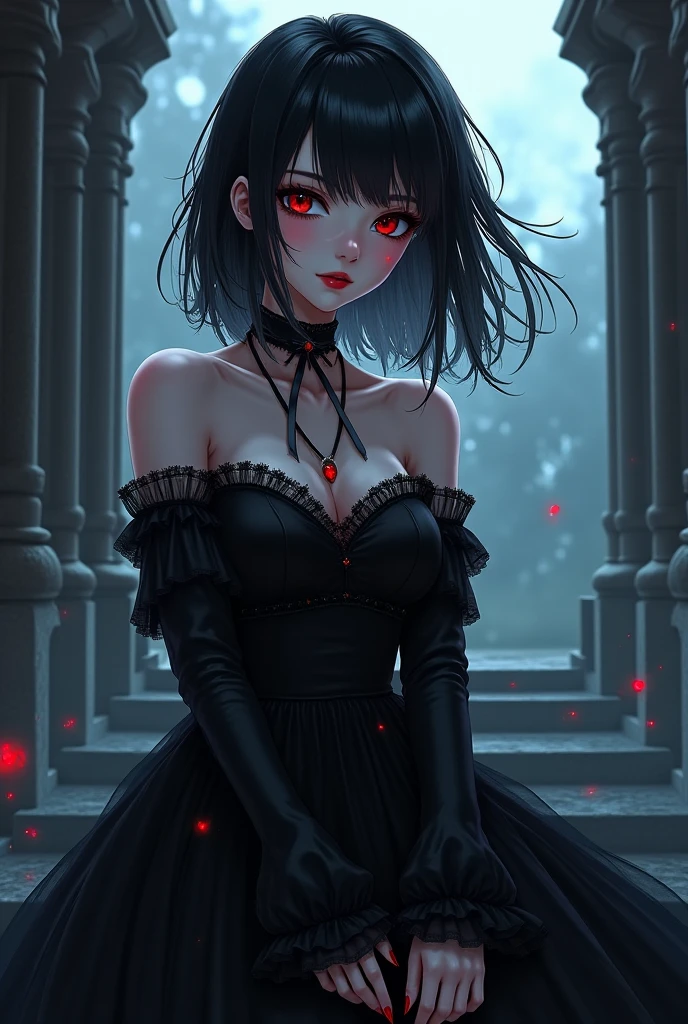 Anime, woman, vampire, strong, hot, long nail, long dress, shirt haircut, red eyes