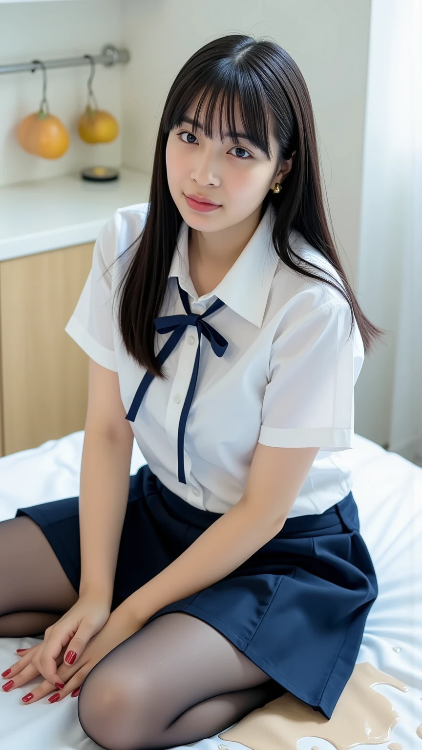 ((((Realistic))))、(((Highest quality))),((Very detailed))、Cute Japanese high school students、,Innocent face,age Girl、smile:0.8、beautiful girl Genuine、((school uniform、Checkered bow tie、White shirt、Checked mini skirt)),Sitting on the bed、In a luxurious hotel room,Sunlight
