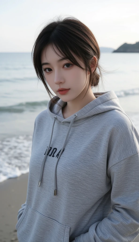 on top of mountain,She wears a loose sweatshirt,Short shiny black hair,The skin is as fair as jade,The facial features are delicate and picturesque,ssmile,eye closeds,sat on the ground,With his eyes closed,Facing the distance,Put your hands together in front of your chest,best qualtiy,tmasterpiece,超高分辨率,(Fidelity:1.4),RAW photogr,1girll,cinmatic lighting
