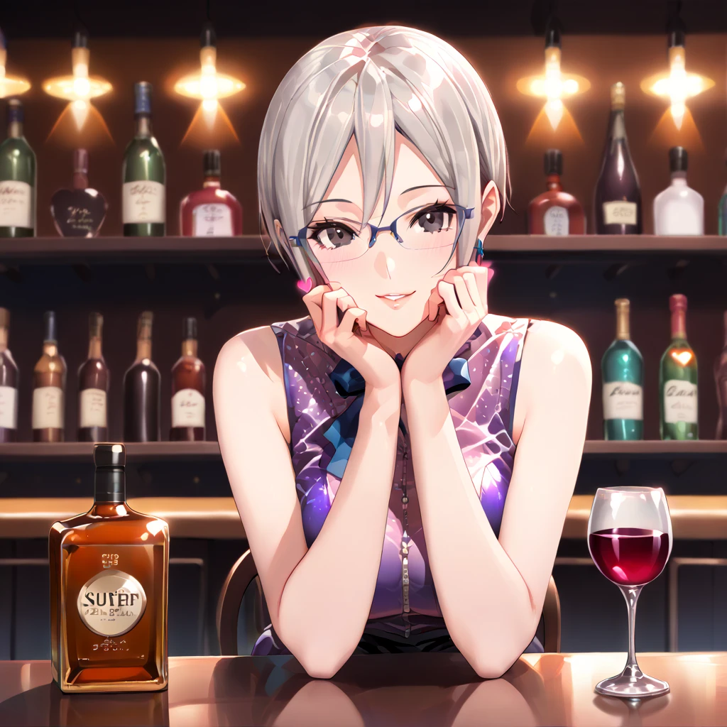 a woman in sexy dress and multicolored bodysuit holding drink while sitting on counter, 1girl, drinking glass, cup, gold dress, gray hair, breasts, solo, glasses with alcohol, long hair,