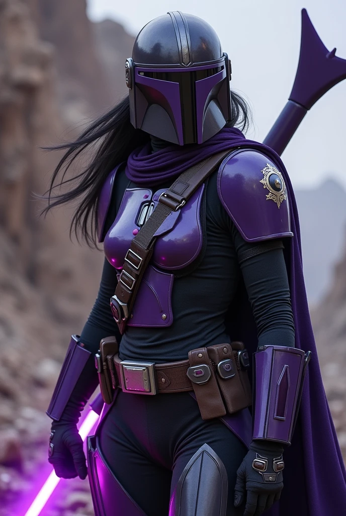 Create a female Mandalorian in black with purple accents using a weapon strap and a purple lightsaber