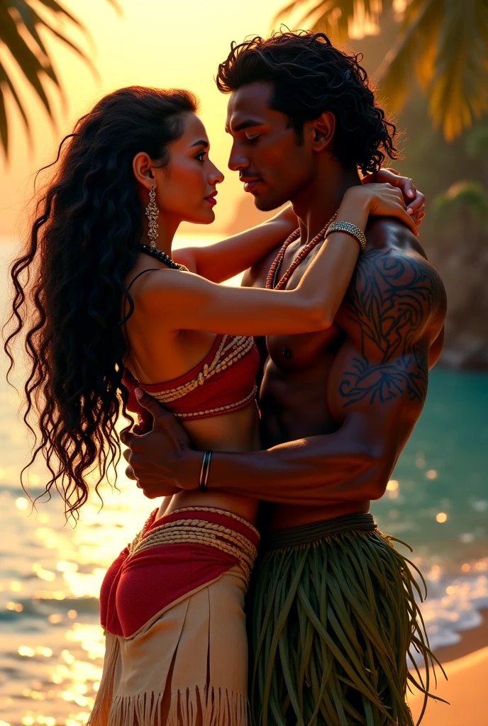 Realistic photo of Moana, young and beautiful, hyper realistic, real portrait, backlit, exquisite features, cleavage, sunset, she is kissing the demigod Maui