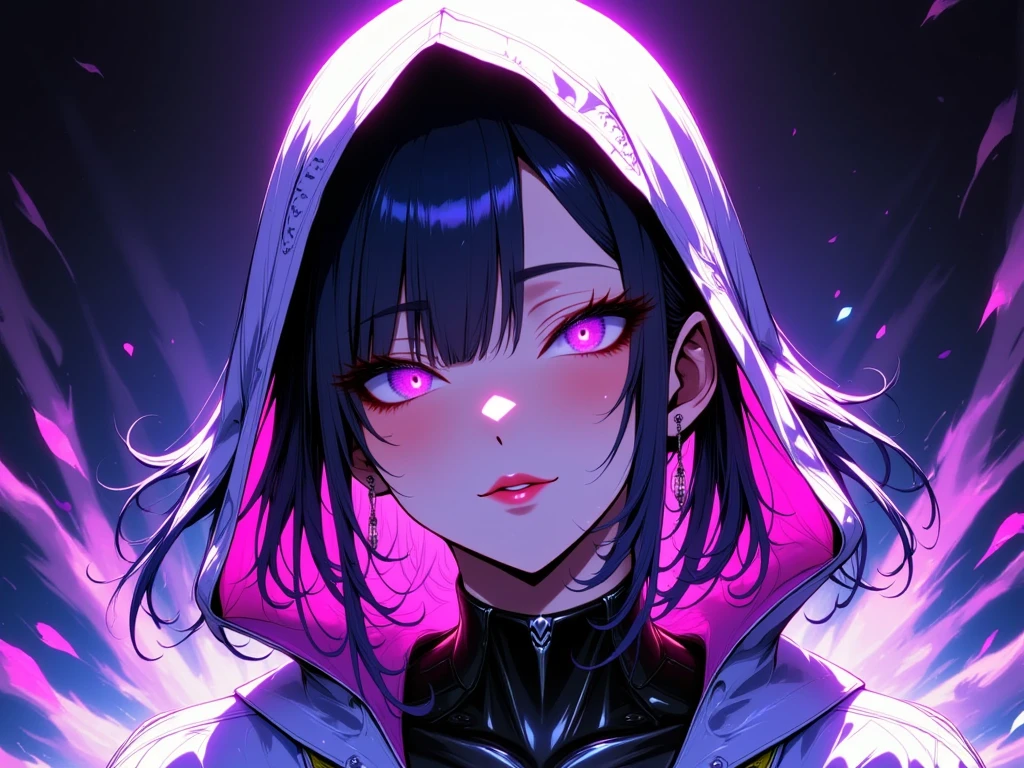 godlike anime character with hood and cape with glowing divine white eyes, cloaked, dark cape, with glowing eyes, dark robed, black robes with purple outline, white divine hair underneath hood, obscured face, a godlike being with impossible power, dynamic lighting, intense lighting
