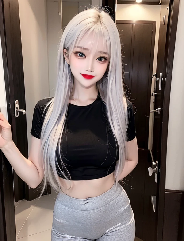 Long hair woman, white hair colour, red lipstick, red shirt, blue short thick pant, smile,