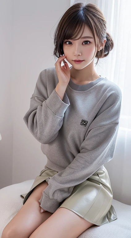 masterpiece, Best Quality, 8K, 20 yo, huge breasts, cuddly, Solo, sad, Cute, Girly, Delicate girl, Neat and clean beauty,  Raw photo, Professional Photography, Portrait, full body, front view, perfect body shape, Sophisticated, Film grain, (Eyes and faces with detailed:1.0), ponytail, short length floating hair, beautiful flowing hair, bangs, Oversized Sweatpants
