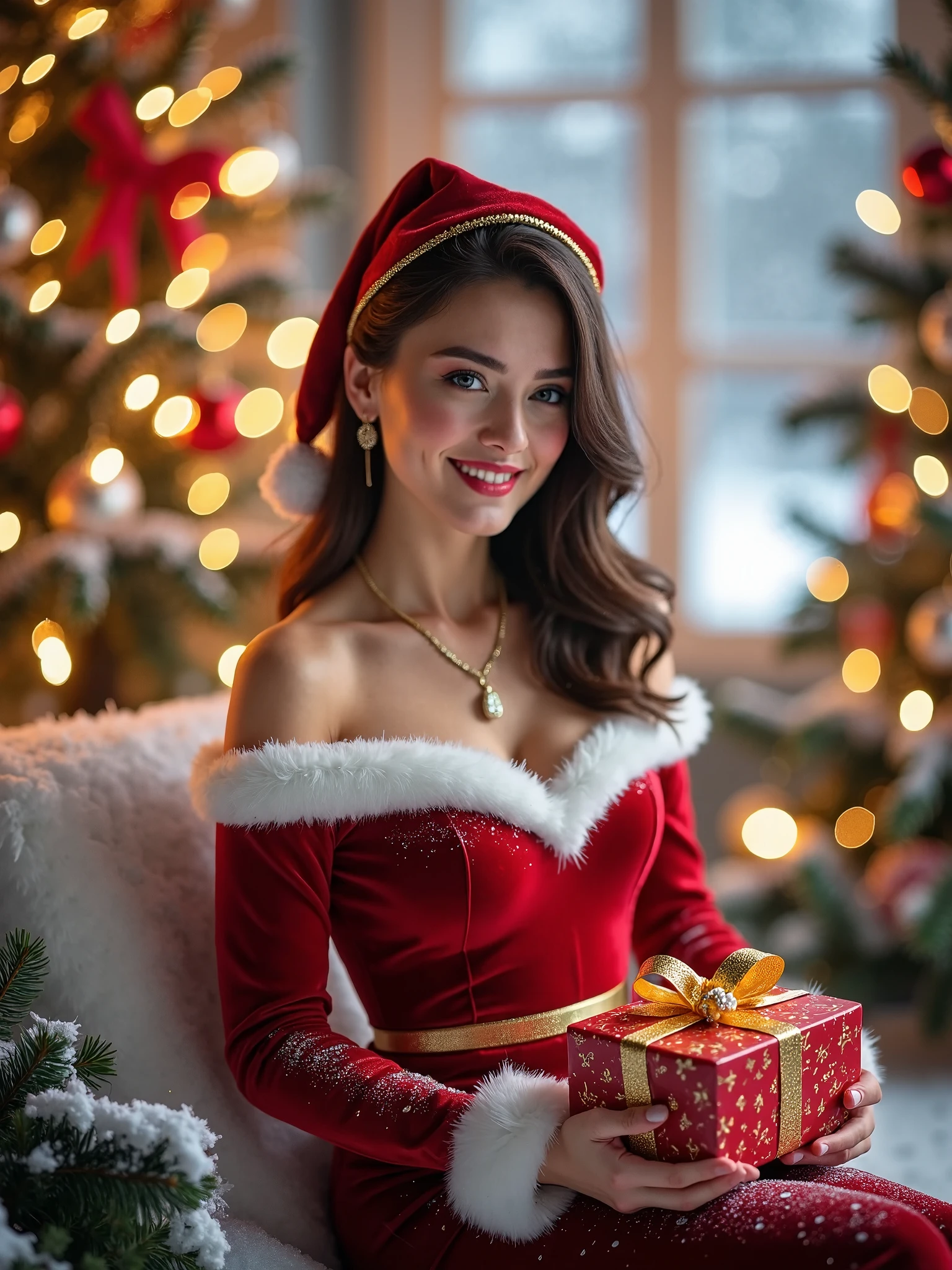  qualidade:
plano geral, (((obra-prima, High Quality 16K, 32 mil))), (8k, hd,  Ultra-Hyperrealistic : 1.3).

atmosfera:
Uma festa, winterliche scene mit sanftem Schneefall,  warm lights and a cheerful ,  inviting atmosphere .  Perfect for an elegant and high-qualidade greeting card for St.  .

assunto :
 The focus is on a young ,  beautiful 26-year-old woman ,  who is in a festive mood .  She radiates elegance and joy from ,  Your charismatic smile is warm and inviting , } and her gaze is directed directly at the camera .

pose:
 The woman is relaxed and confident ,  a hand She holds a carefully packaged gift ,  while the other one is relaxing beside her or making a subtle gesture .  His head is slightly tilted ,  her facial expression is soft and radiates festivity .  Alternatively, she sits enchantingly on a bench or a snow-covered chair ,  surrounded by decorations .

roupas:
Um elegante, } dressed in red velvet Christmas tight to the body with white leather details ,  decorated with gold details  .   accessories combining , as earrings a shiny belt, add a luxurious touch to the look.  A Santa hat or a Christmas headband completes her look .

cena:
 The surrounding area is a magical winter landscape with snow-covered pine trees ,  bright fairy lights and small ,  discreetly placed decorations, like golden  and gifts .  Ao fundo, there are festive elements such as a illuminated Christmas tree or a wooden sleigh . Sanfter Schneefall verstärkt die winterliche atmosphere.

Ainda:
The lighting is soft and warm,  with subtle highlights ,  which accentuate the contours of the model and underline the Christmas atmosfera . The focus is on women,  while the environment remains harmoniously integrated .

detalhes:
F/2. opening 8 and a focal length of 85 mm provide sharp details of the woman ,  while the background is kept slightly blurred ,  to create depth  