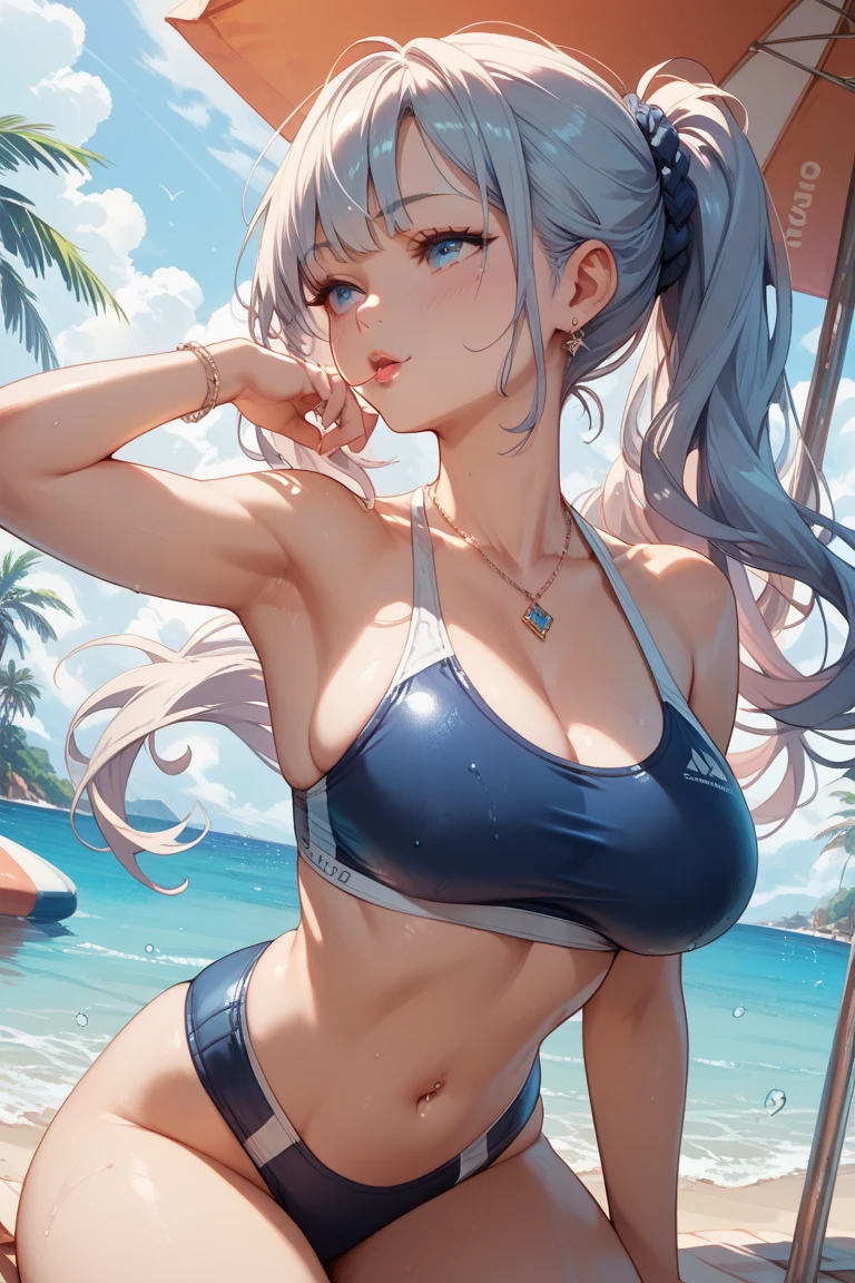 High resolution,topless、
One beautiful young woman,Silver Hair、ponytail、
(Soft Saturation:1.3), (Fair skin:1.2),
(ultra-Detailed Background, Detailed Background), Bokeh,
break'Portrait of a smiling girl.,
When viewed from the front, The composition is symmetrical,
Looking straight at you with serious eyes,
break Swimwear, topless、, Center of chest,
Outdoor, Sea surface, null, sunlight,Summer beach, Sandy Beach,
Strong light, Front lighting,
(:1.3), (Cowboy Shot:1.2),
Front brake angle,
View your viewers,
Dynamic pose,
sitting on the beach
Seaweed、Seaweed、Seaweed、Seaweed、Seaweed、Seaweed、Seaweed、