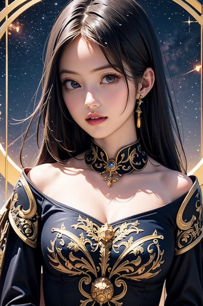 best quality, ultra high res, (photorealistic:1.4), (detailed beautiful girl:1.4), (medium breasts:0.8), looking_at_viewer, Detailed facial details, beautiful detailed eyes,pink hair, blue eyes, slender, haunting smile, (makeup:0.3), red lips, highly detailed clothes, (ulzzang-6500-v1.1:0.3)