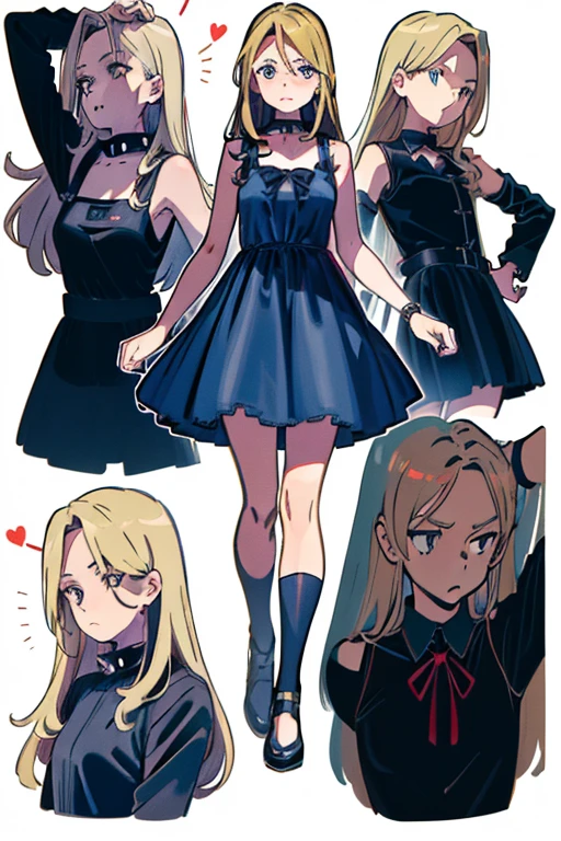 a series of four different images of women holding different sized things in front of them, breasts, blonde hair, blue eyes, cleavage, long hair, highleg, black footwear, thighhighs, hand on hip, hat, thighs, smile, navel, bangs, looking at viewer, holding, huge breasts, gloves, long sleeves, full body