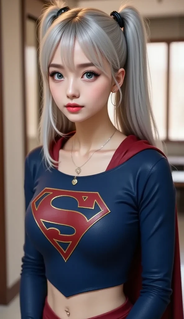 14Caucasian model at the age, 両脚でFull body photo standing,((Clean clothes)), wearing superman suit, Natural light, Pretty Caucasian Woman, white hair, bright smile, (8K, Live shooting, highest quality, masterpiece: 1.2), masterpiece, super detail, , High-definition RAW color photo, Full body photo standing, , , , , highly detailed eyes, realistic skin texture, highly detailed fingers, very detailed nose, highly detailed mouth, , Photo above the knee, , See-through feeling、Transparent processing、Wearing a superman girl costume、, White hair, Blue eyes, masterpiece, realistic skin texture, , shiny hair and white skin, 、 natural skin texture, A young woman who looks like a girl, Photo above the knee、Blue eyes, 、lowered eyebrows, innocent face, Eyes that look gentle, natural skin texture, round face, Kind eyes, long and pure white beautiful hair、, small face, No decorations attached, white, drooping eyebrows, Mont Blanc, white, drooping eyebrows、Eyes with sparkle、Both eyes are the same shape and size、cosplaying as superman