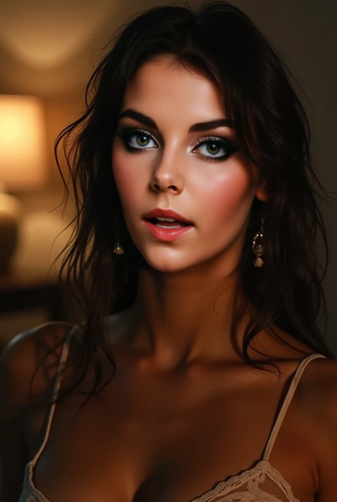 Spanish beautiful woman, 19 Jahre alt dunkles Make-up, hyperdetaillierte Fotografie, Sanftes Licht,  dunkles Make-up,, best quality, (detailed beautiful face, Detail der Hautstruktur, ultra-detailed body:1.1),, riesige perfekte Brust, ((nackte perfekte Brust)),,, helle Dame, reifen, braune Augen, Augen detailliert perfekt 