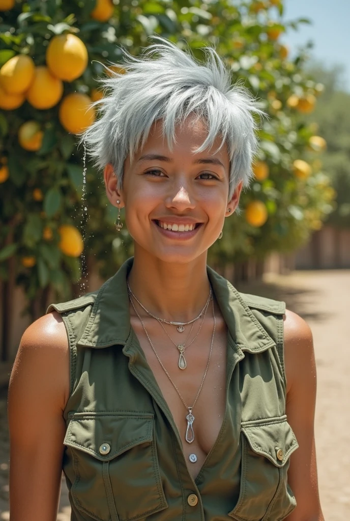cheveux verts, sourire, hyperrealism, perspective, Tir de cowboy, 4K