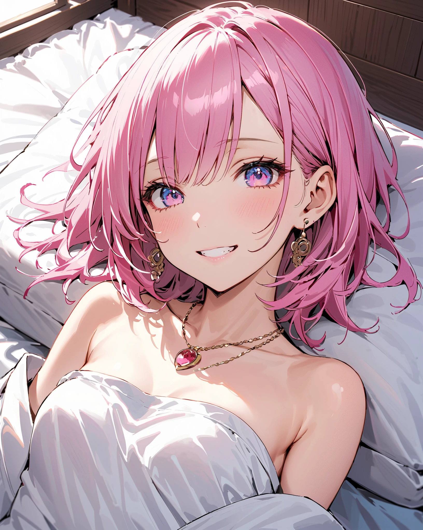 elysia, long pink hair, beautiful face,smiling,close up to hips, moderate breast, laying on bed, wearing beautiful white sleepwear, (open mouth:0.4),illustration,detailed textures(realists),ultra-detailed,portrait style,vivid colors,soft lighting, blushing, mature, no bras, slightly wet