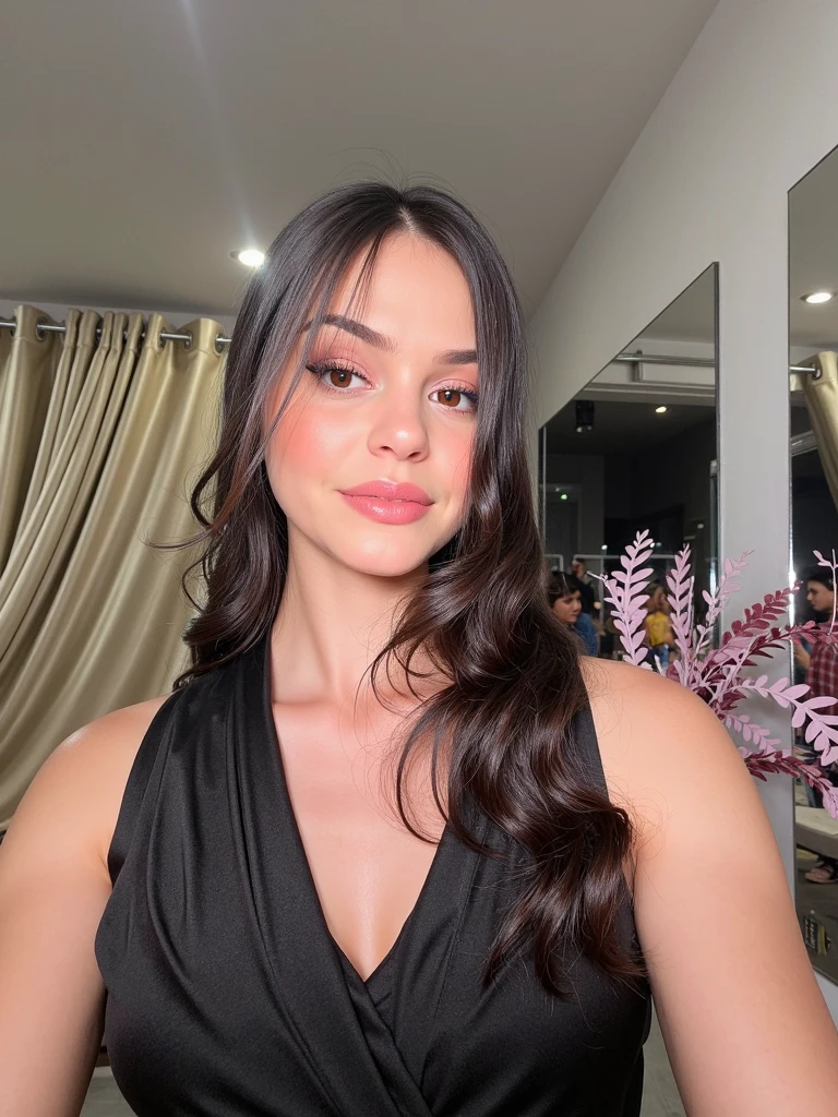Make me a half-Swedish Mexican girl with an evening outfit who puts on makeup and takes a selfie in front of the mirror