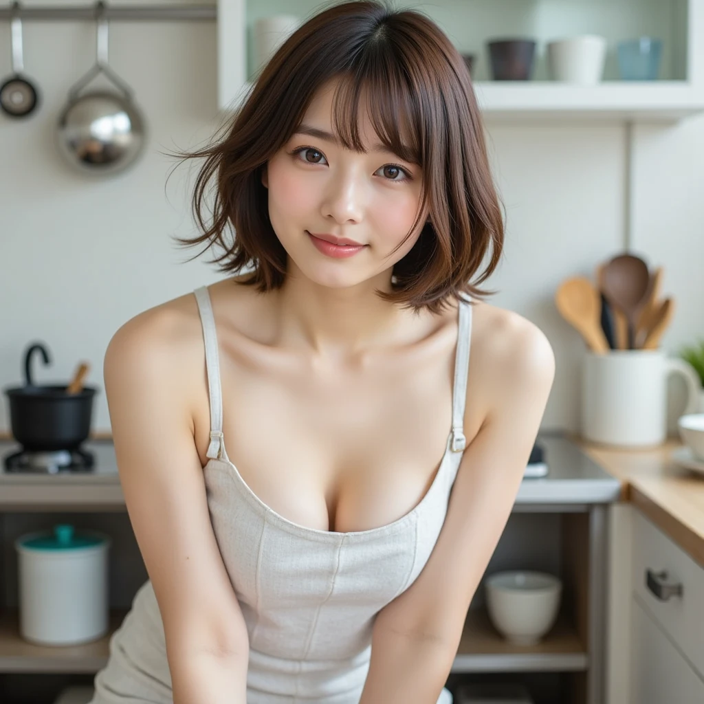 highest quality, face focus, soft light, ultra high resolution, (realistic:1.4), Raw photo,
1 Japanese girl, alone, cute,kind　 detailed beautiful face, (),(High resolution details of human skin texture),
indoor, ((Incredibly thin and tiny knit camisole dress)) beautiful breasts　　Wearing an apron
(portrait)  Focus on the eyes in high definition　smile　　see-through bangs　17 years old　　　The background is the main character　Wide and deep background　Luxurious and beautiful kitchen　thin eyebrows　beautiful breasts　very cute　beautiful fair skin　beautiful hair　　(Very stylish and beautiful straight bob hair:1.3)  