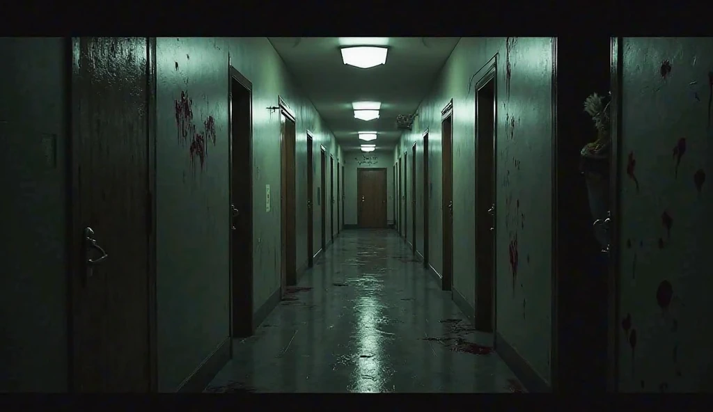 end of the corridor, door ajar, tema de Terror, suspense, blood on the ground, destroyed lights, tenebrosa, grimdark, Terror, horor, fear