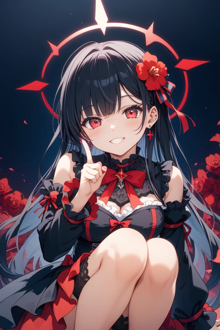 (upper body:1.3),rory mercury, long hair, black hair, (red eyes:1.3), bangs, blunt bangs, hime cut,thighhighs, bow, ribbon, hair ribbon, garter straps, dress, black dress, puffy sleeves, frills, detached sleeves, necktie, red necktie, lipstick, purple lipstick,(black panty),(chibi),(upper body:1.3),blush,evil grin,(spread legs:1.3),(legs up),masterpiece,Noise Reduction,perfect anatomy,high resolution, ultra-detailed,game cg,dutch angle ,beautiful detailed eyes,visualart,five fingers, perfect hands, perfect lighting,