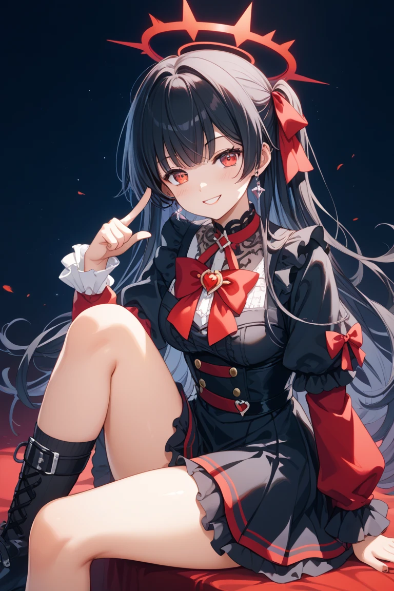 masterpiece, best quality, switch-chan, standing, furrowed brow, smiling, pointing at viewer, looking at viewer, sitting, on chair, black background