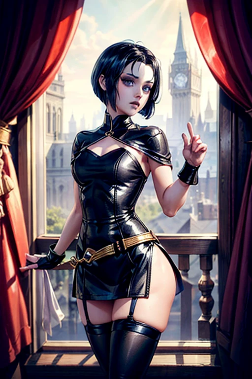 Wendy has straight jet black hair cut in a sleek short style, similar to Mavis Dracula's pixie cut hair, Thick bangs cascade over her forehead, Her wide-set eyes are a unique lavender color with hints of blue around the edges, framed with long dark lashes, Her dress is a modern fashionable black and white gothic style, The dress features a black sleeveless bodice with a straight-across neckline trimmed in delicate white scalloped lace, The skirt is black tulle and organza with layers of wispy ruffles giving the skirt volume while maintaining a lightweight appearance, Crisscrossing the waist is a thick white patent leather belt dotted with shiny silver studs, Covering Wendy's slender arms are sheer elbow-length fingerless black lace gloves, Black platform heel ankle booties with chunky soles and stark white laces, lavender tints in the hair, hints of violet body glitter adorning the chest and cheekbones, balances dramatic goth elements with playful touches, Wednesday Addams, mavis dracula, dress, striped thighhighs, RavenTT, navy-blue cloak, black leotard, brooch, belt