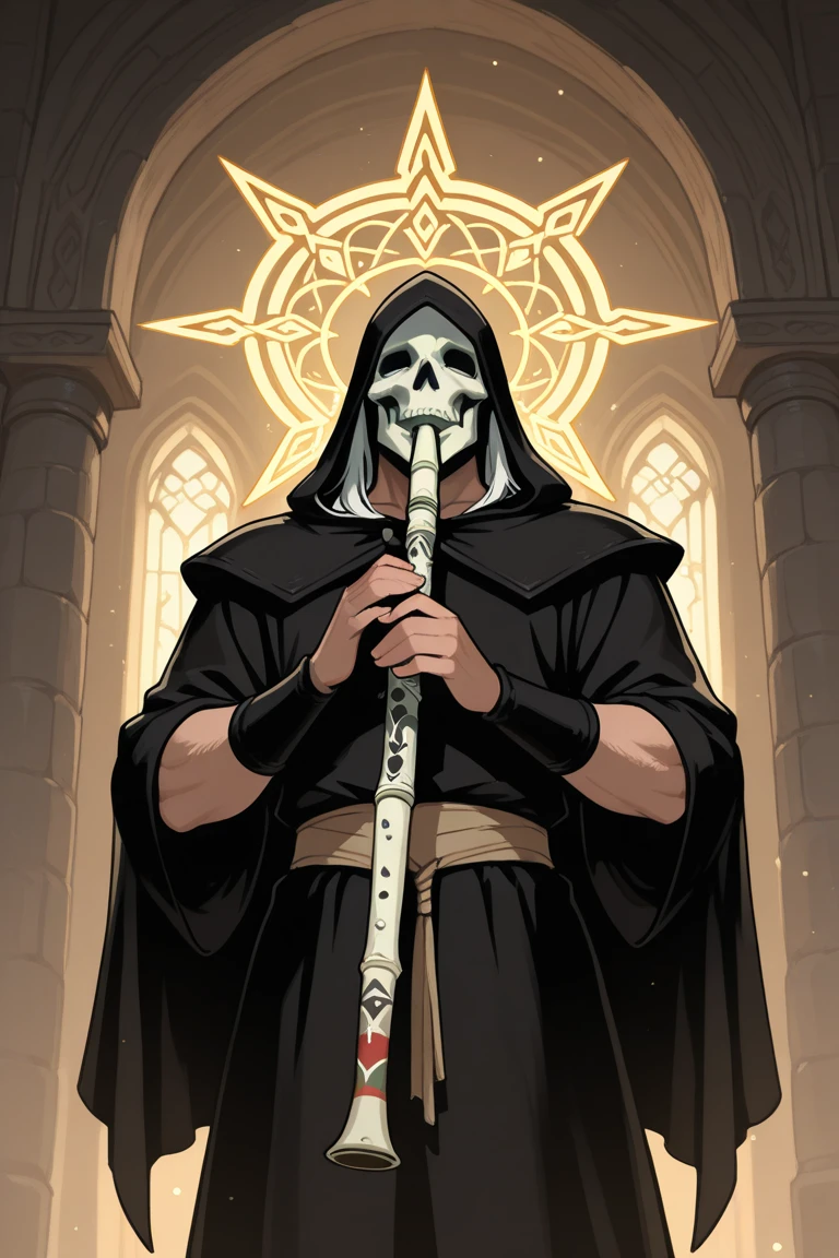 Solo Male, Dark Souls drawing style,A man playing a flute, Medieval Jester Costume,Black and white image of the devil, dark soul concept art, dark soul concept, dark souls boss, Blood type monster,rotting flesh, Wearing a robe