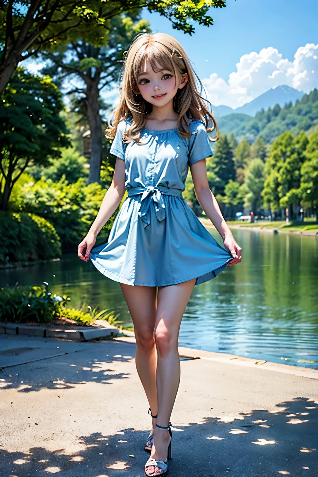 Perfect composition, Proper placement, Golden Ratio, masterpiece, best quality, high definition , one Girl, Cute (Girl:(loli:1.5), full body focus, full body shot, view the viewer, smiling, standing, pale blue short sleeves Micro sundress, Anatomically Correct Ratio :1.331, has a small head :1.331, Curvy body:1.5, thin waist:1.331, Thin limbs:1.331, big breasts:1.5, Light Blonde Hair, wavy medium hair, full nude, bare legs, white pin high heels, Summer evening, Sunny, outdoor, Lake side, old blurry photos, Faded photos , Light and Shadow, Movie Lighting,