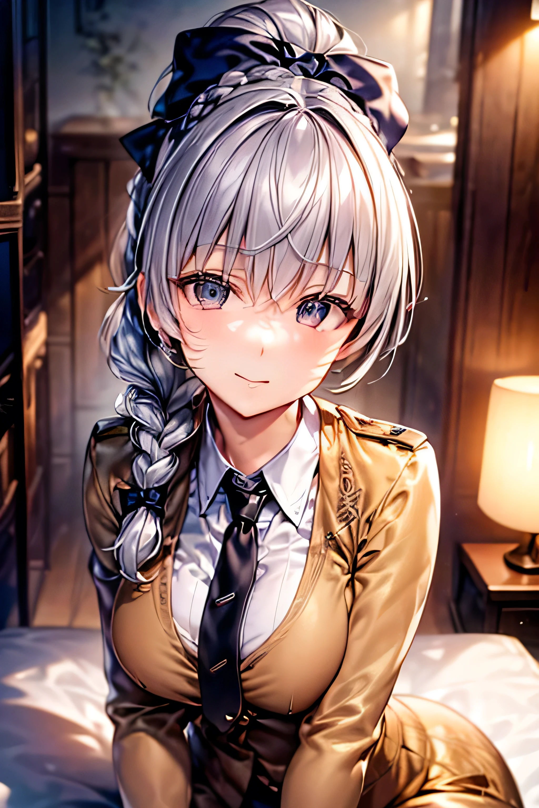 (mAsterpiece:1.2), best quAlity, 高解像度, unity 8k wAllpAper, (illustrAtion:0.8), (beAutiful detAiled fAce:1.2, beAutiful detAiled eyes:1.2), パーフェクト照明, extremely detAiled CG, (perfect hAnds, perfect AnAtomy),
かわいい, beAutiful, chArming lAdy, shiny hAir, ツヤのある肌,
熟女, mArried womAn, soft With A gentle AppeArAnce And A gentle mother-like Atmosphere,
telethA_A, grey hAir, brAided ponytAil, single brAid, hAir bow, ブルーボウ , グレーの目, blAck necktie, militAry uniform, 長袖, 白いシャツ, 茶色のスカート,
