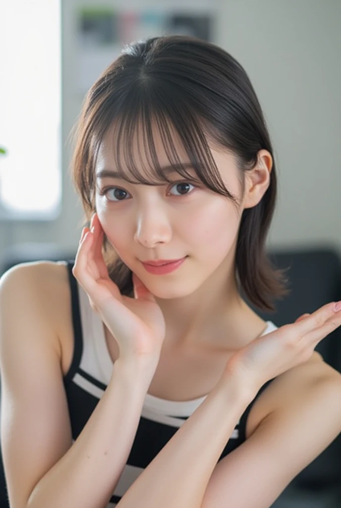(kawaii 24 year-old Japanese girl, Nogizaka idol, Korean idol), healthy female athlete, figure skater, (glossy black hair, messy very short hair, messy pixie cut, symmetric hair length, even length hair edges:1.3), (bangs), (rounded face, black eyes, single eyelid, no makeup, soft smiling:1.2), (wearing long sleeved training half zip tops:1.3), flat chest, extra small breasts, sports leggings, (looking at viewer:1.2), BREAK, (ice skate arena background:1.3), (dynamic angle:1.3), face focus, BREAK, (masterpiece, best quality, photo realistic, official art:1.4), (UHD, 8K quality wallpaper, high resolution, raw photo, golden ratio:1.2), (shiny skin), professional lighting, physically based rendering, award winning, (perfect anatomy, highly detailed skin, extremely detailed face and eyes), Carl Zeiss 300 mm F/2.8, depth of field, 1girl, solo,