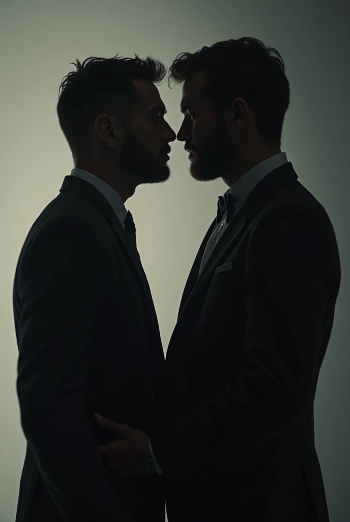 Create a dramatic, silhouetted scene featuring two figures of men in an intense moment of connection, their faces close together as if about to kiss. One of the figures holds a gun, adding an element of danger and intrigue to the scene. The background is a stark, lighted rectangle, contrasting with the dark silhouettes of the characters. The overall atmosphere should be mysterious and charged with tension, hinting at a story of forbidden love or a dangerous alliance.
