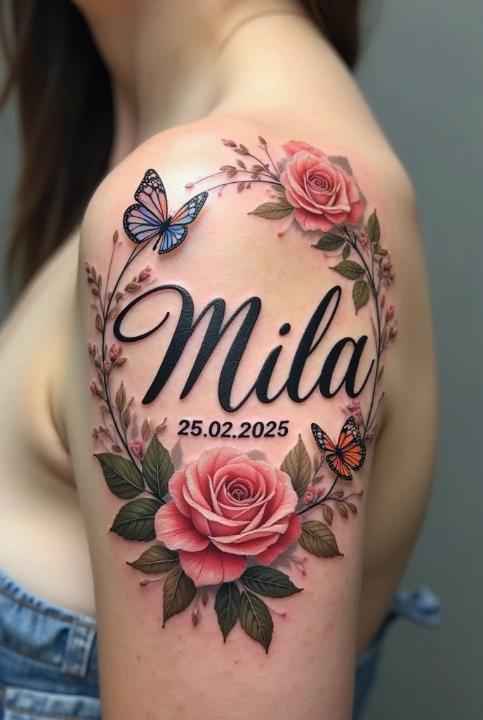 Tattoo of two names Hilda and Miguel inside a heart , outside with the word forever , watercolor style , the tattoo should be on the forearm clean symmetrical tattoo, pleasant , lots of color flowers , gorasoles , carnations