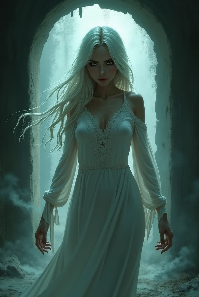Ghost godess surrounded by specrte guardians in a ruin under moonlight (( white hair soft smile eyes focused on camera erotic but not explicit )) ((white fog to deep blue ))