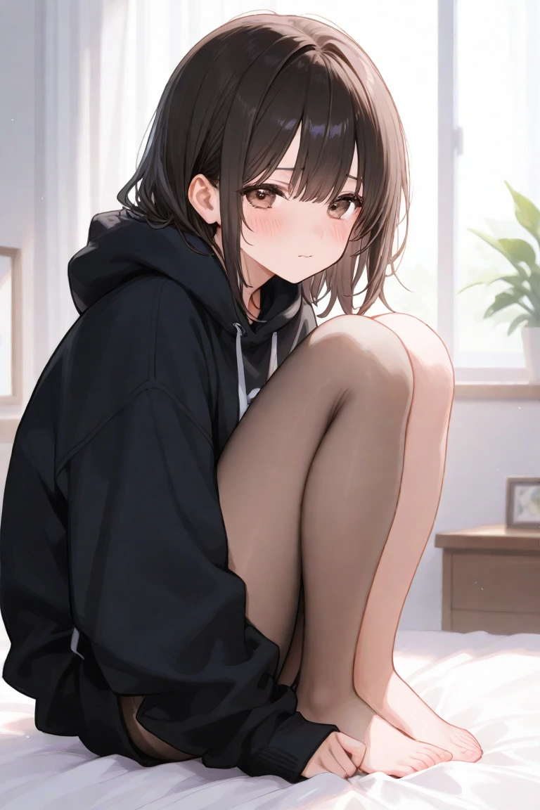 ((masterpiece,best quality anime,Highest quality:1.3)),realistic,before sex,cowboy shot,1woman,(30 year old beauty),((very small head:1.4)),((very long body:1.4)),(short bob hair),black hair,(gorgeous big eyes),black eyes,shy,((slender body:1.4,skinny:1.3)),medium breasts,((gray hooded sweatshirt,White panties),oily skin,gleaming skin,shiny skin,sitting,leg up,Simple bed、Simple bedroom、Old hotel、New York City、