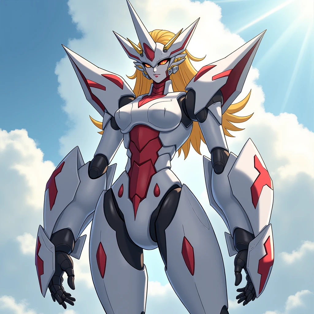 The image shows a futuristic combat robot with feminine outlines. Its body is slender, armored, dominated by white, red and gold colors. The head is elegant, with a long horn on its forehead, red luminous eyes and golden ribbons resembling hair. The main feature is massive, armored fists, contrasting with graceful legs. The design combines sharp angles and smooth shapes. In the background is a cloudy sky, through which sunlight breaks through, creating the effect of tension before the battle. anime type