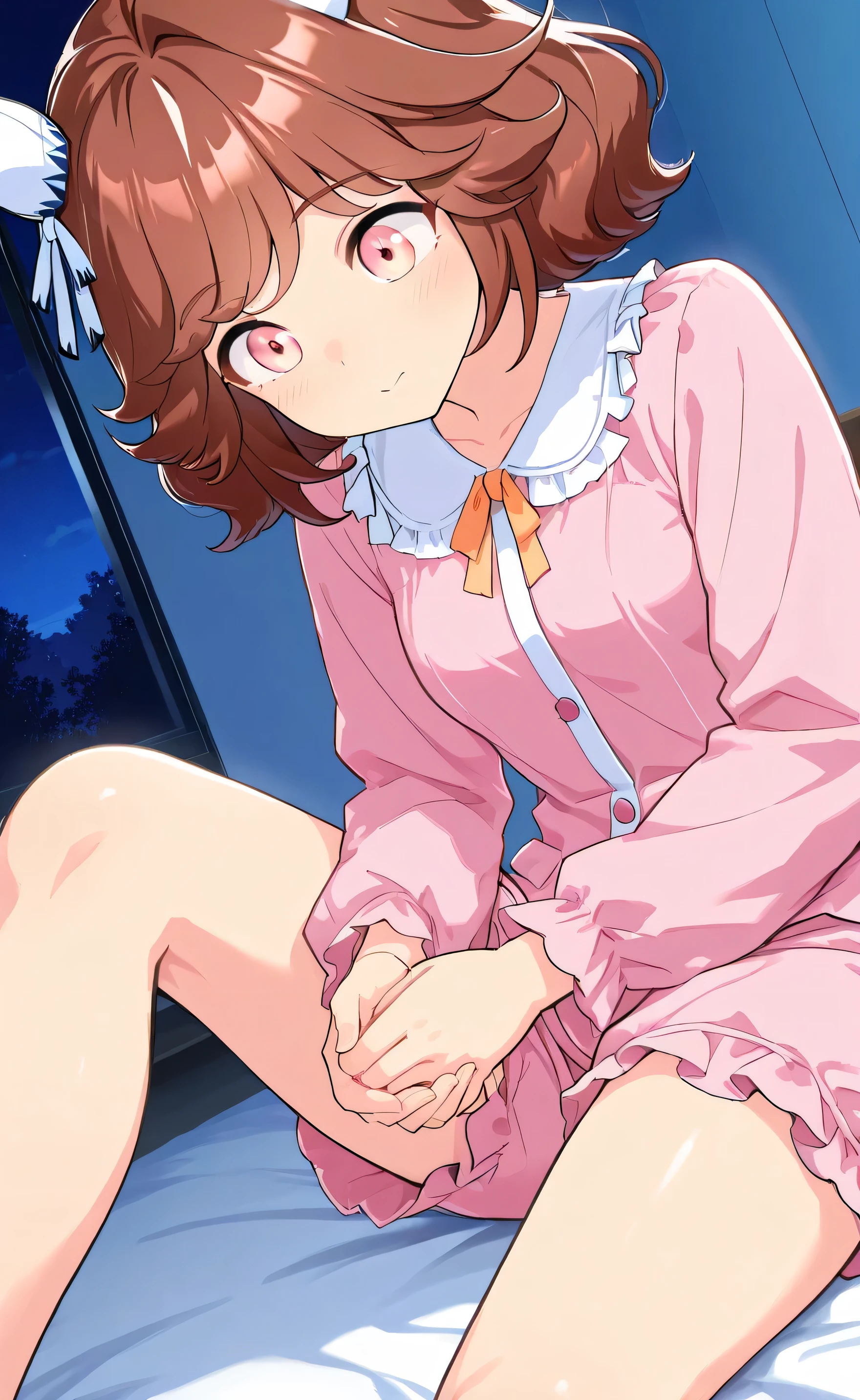 haiseiko \(umamusume\)， 1 Girl, solo, anime style，cute girl,best quality work, super detailed, anime style，8k, high resolution, detailed images，precise face，（（（lying））），（（（on the bed））），（（eyes closed）），（（（pink pajama top））），（（（pink short pajamas））），（Close-up image looking down from above），（ up image from above ），（（smooth thighs）），（（Close-up image from thigh）），（holding the knee with both hands），best image quality，Top Quality，night，