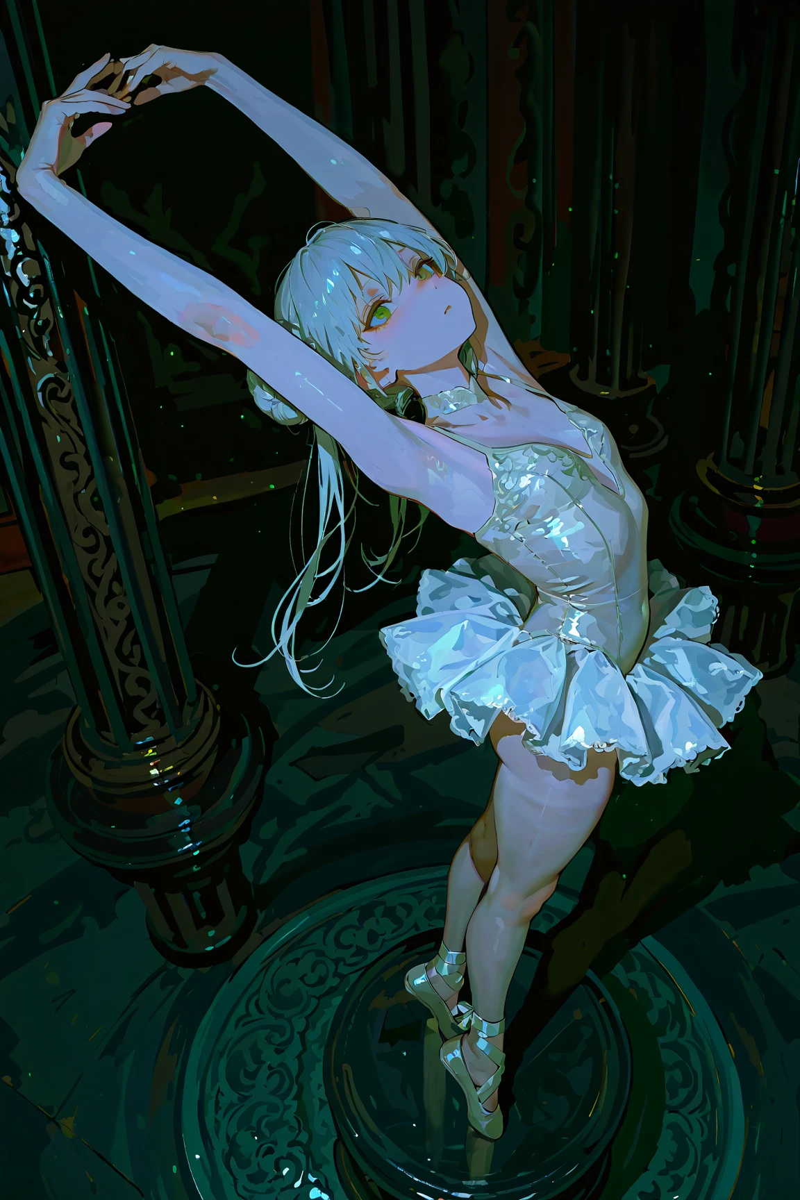 The girl has white hair,The girl wears white stockings on her legs,Girl wearing erotic panties,The cell has four walls,The cells have no windows, The girl can't escape,The girl was in a dimly lit cell,The cells were full of chains,The girl did not wear shoes,The girl raised her hands above her head and the back of her head, The girl's hands were tied by tentacles,The girl showed her armpits,The girl has white liquid under her armpits,The girl was not wearing any clothes,The girl exposes her sexual organs,Girls wear only underwear and bras,white liquid on your face,The girl had a white liquid in her mouth,There is a white liquid on the body。There is a white liquid next to the girl。The girl wears a pink leather dog collar around her neck,The girl opened her mouth wide,Sticking out his tongue,Completely bare shoulders and abdomen,The girl gasped。Slim legs,delicated face,The girl has white liquid on her face,Small and delicate feet。The thighs and calves are fully presented in front of me,The girl has no shoes on her feet,There was a large amount of white liquid on the floor of this cell,There is a lot of white liquid on the girl,The girl has a collar on her ankles,The collar is connected by chains,The girl has a collar collar on her arm,It is connected by chains。The girl's eyes were blindfolded。