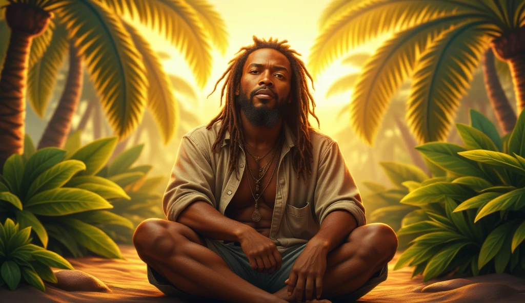 Colored drawing of a man with braids sitting under a palm tree