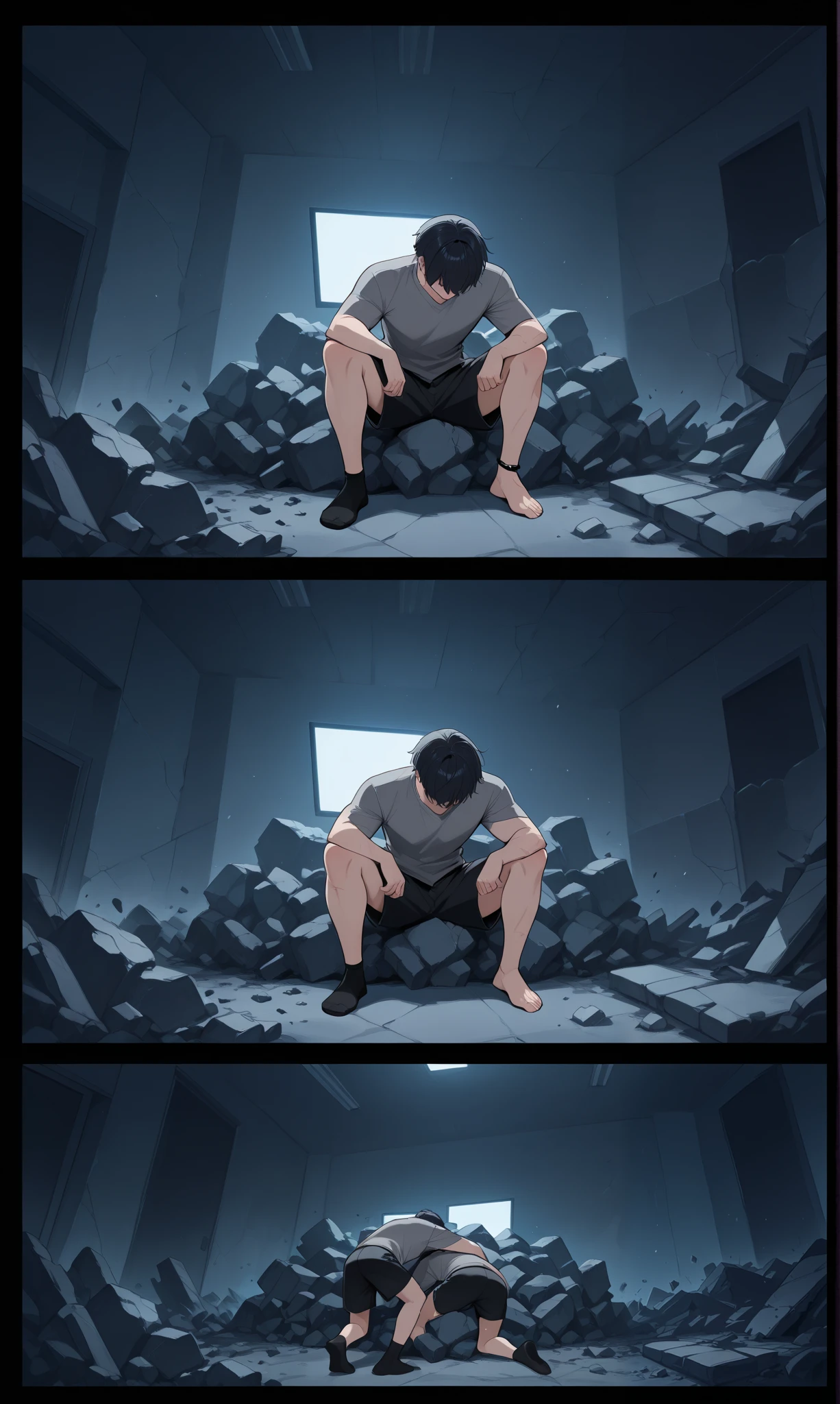 Multi panel comic, a boy with a grey shirt and black shorts is sitting in a pile of rubble, he is injured, he rips off a black ankle bracelet