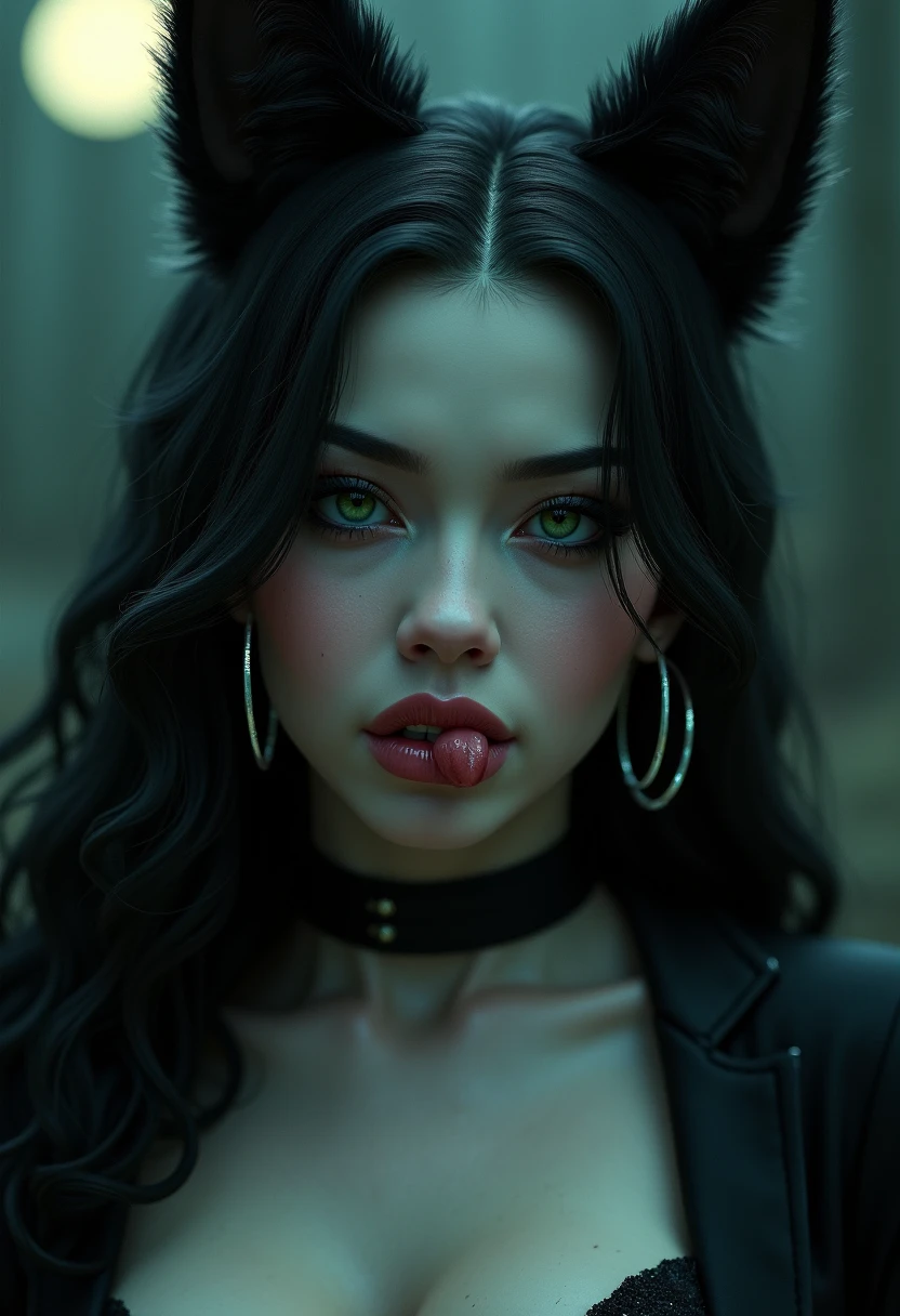 bloodthirsty girl, matte background, inside a car, body out of the car, holding her hair and pulling it up, scary smile, gothic
